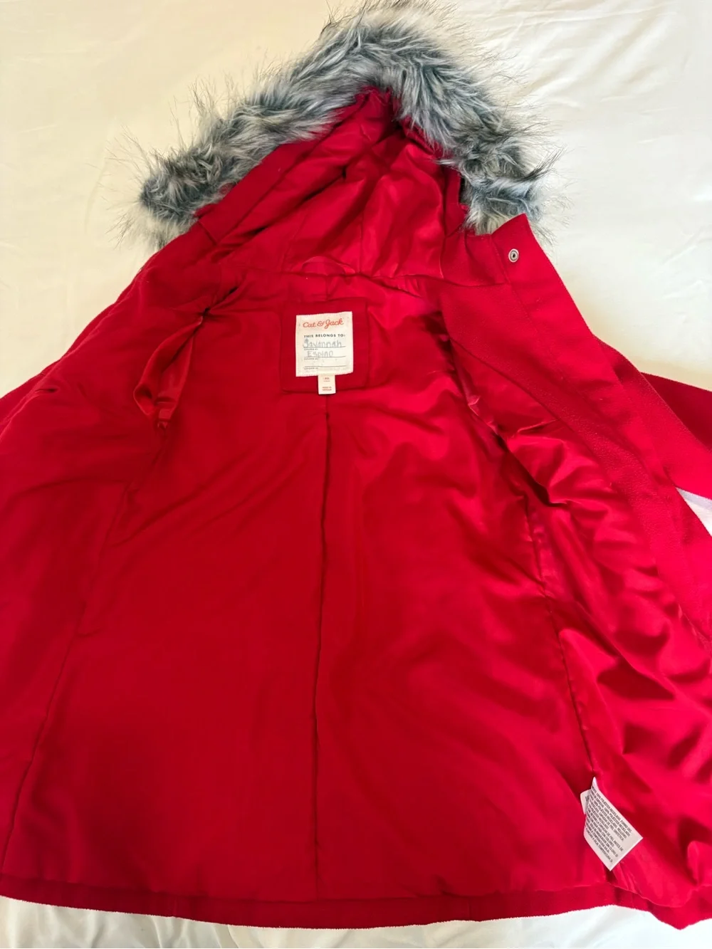 Girls' Red Hooded Coat with Faux Fur Trim